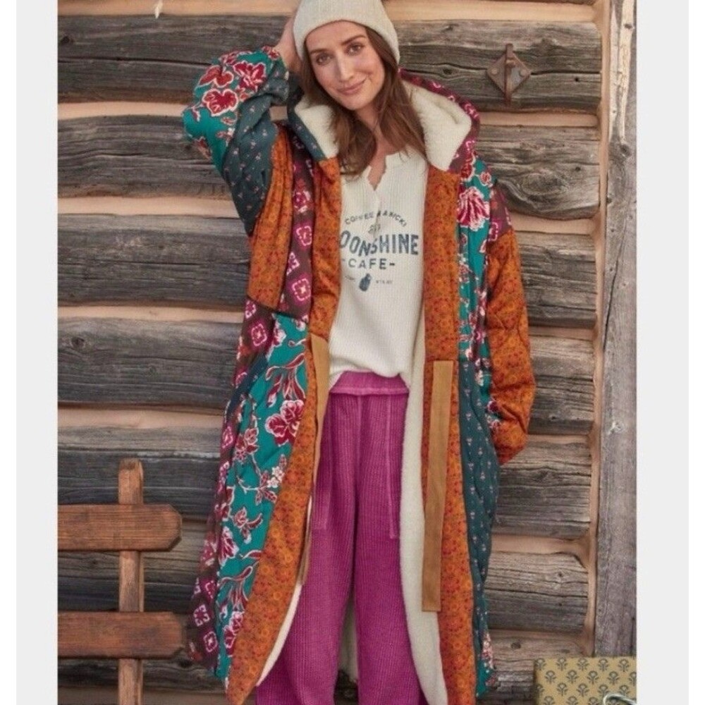 Sundance Linnea Robe Jacket Small Patchwork Sherpa Lined Boho Multicolor Floral